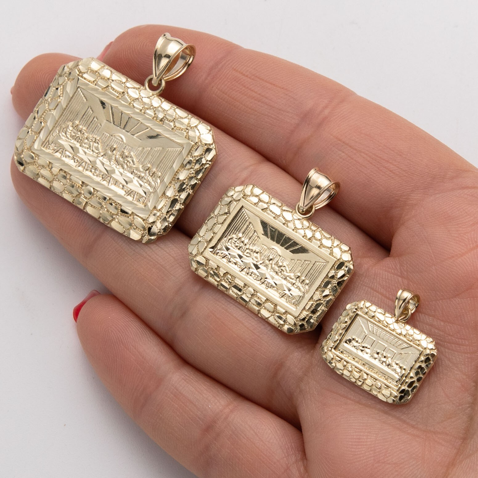 Rectangle Last Supper Textured Nugget Charm Pendant Real Solid 10K Yellow Gold