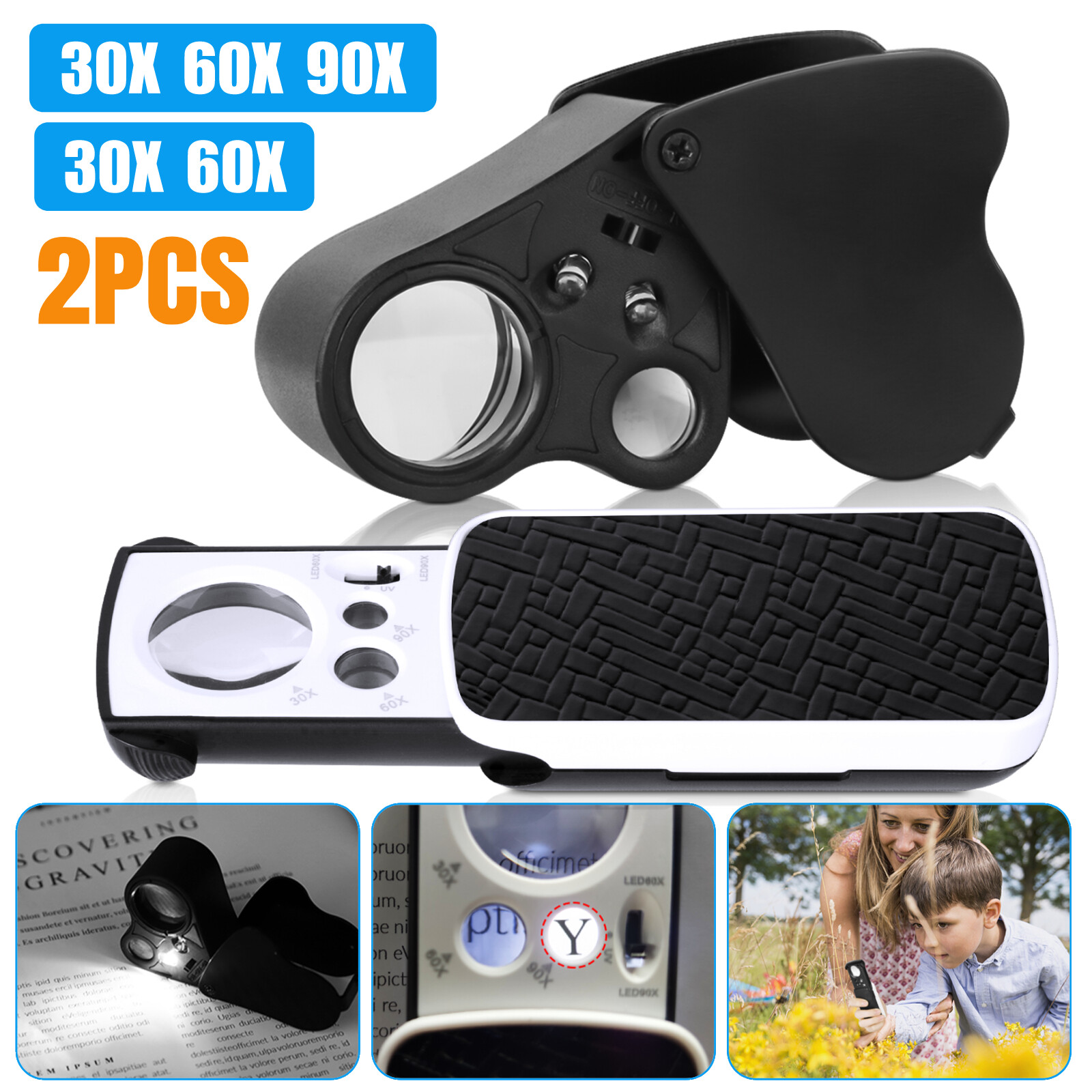 30X 60X 90X Magnifying Jewelry Eye Glass Pocket Magnifier LED Light Jeweler Loop