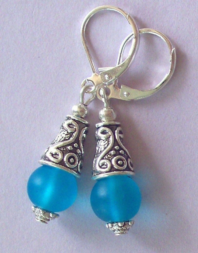 cerulean blue BEACH FROSTED GLASS drop earring SP HANDCRAFTED XX