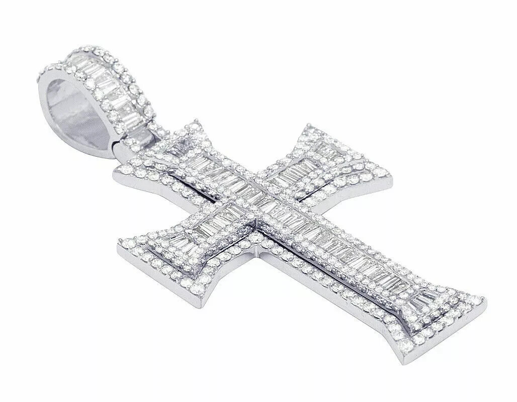 10k White Gold Finish Baguette Cut 2 CT VVS1 Diamond Cross Pendant Charm