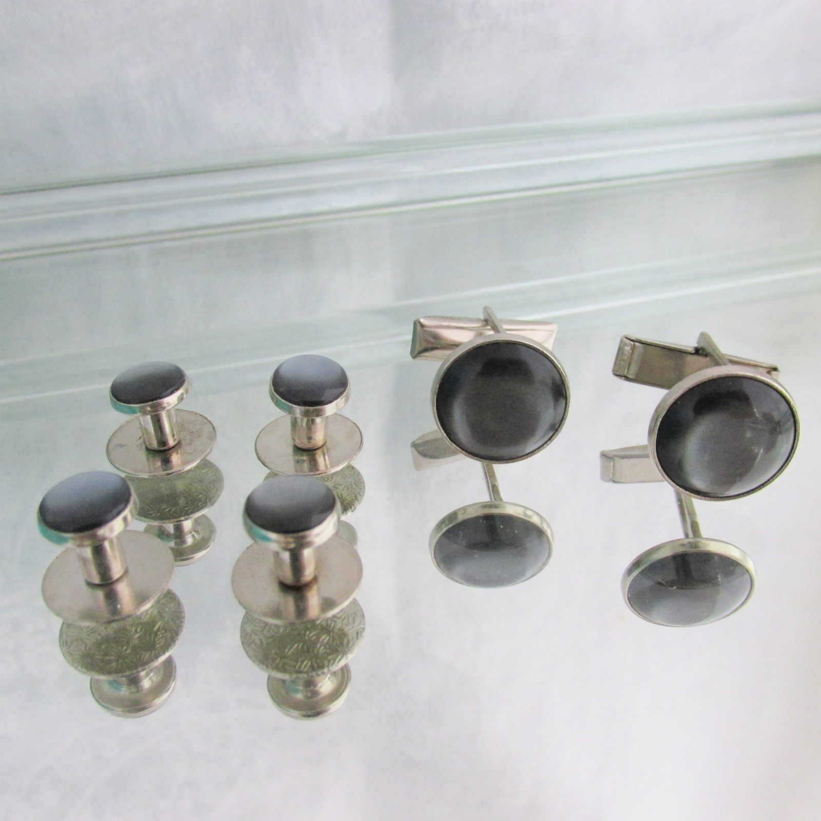 Vintage Gray Silver Plated Cufflinks & Studs Set Wedding Prom Special Occasion