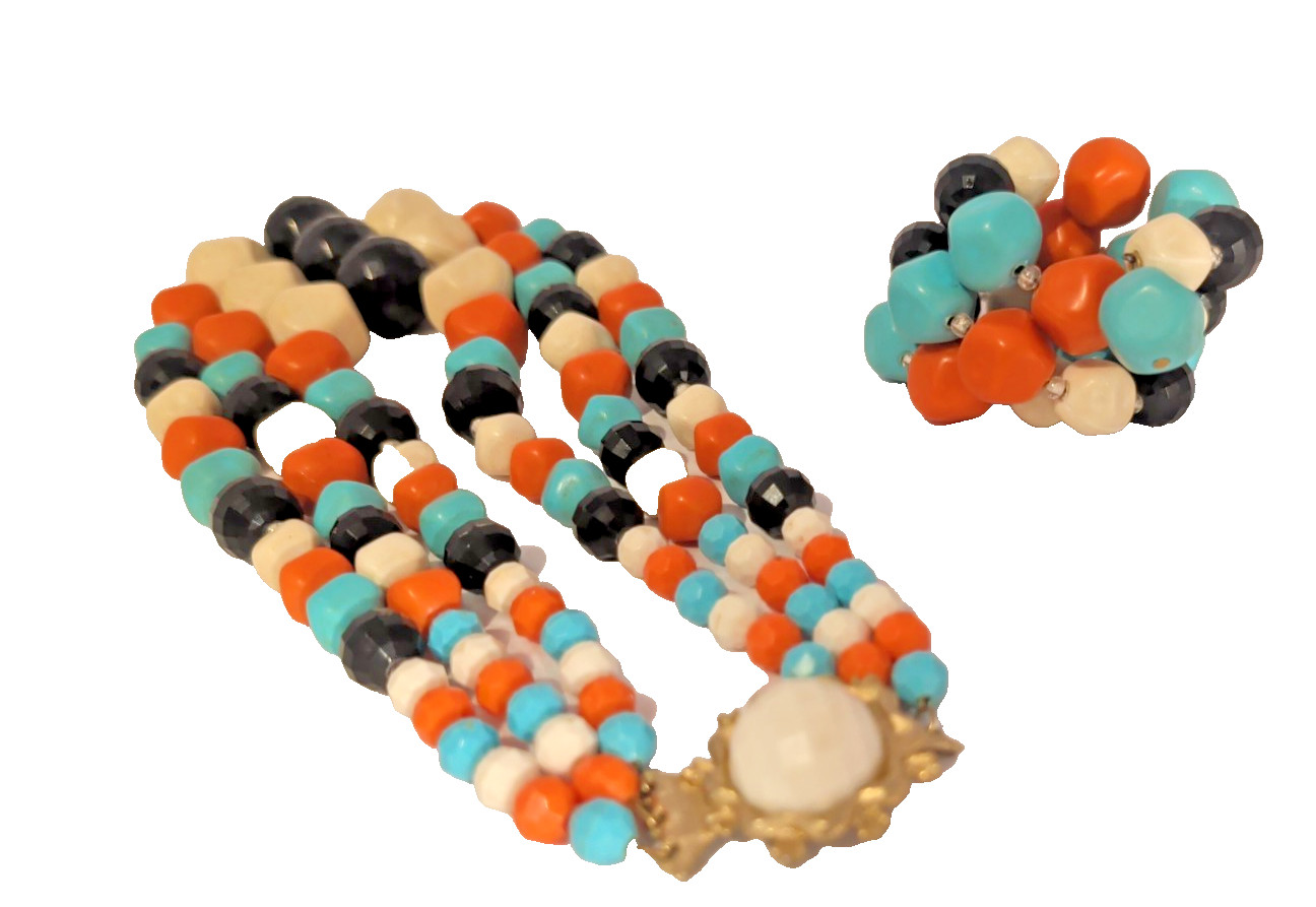 Vintage Multi-Color MCM 3 Strand Beaded Necklace & Single Strand Wrap Bracelet