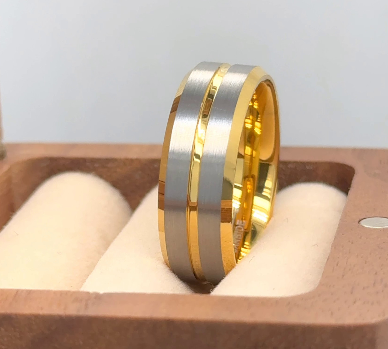 Two Stripes Center Ring Couple Ring Gifts Gold Tungsten Band Gunmetal Brushed