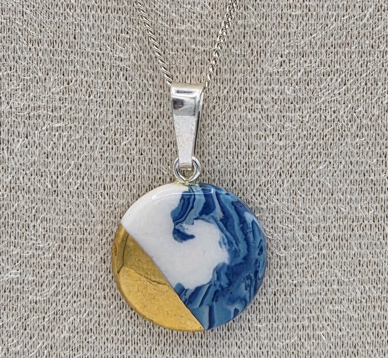 Artisan Porcelain Pendant Blue & White Gold Dip 925 Sterling Bail & 18″ Necklace