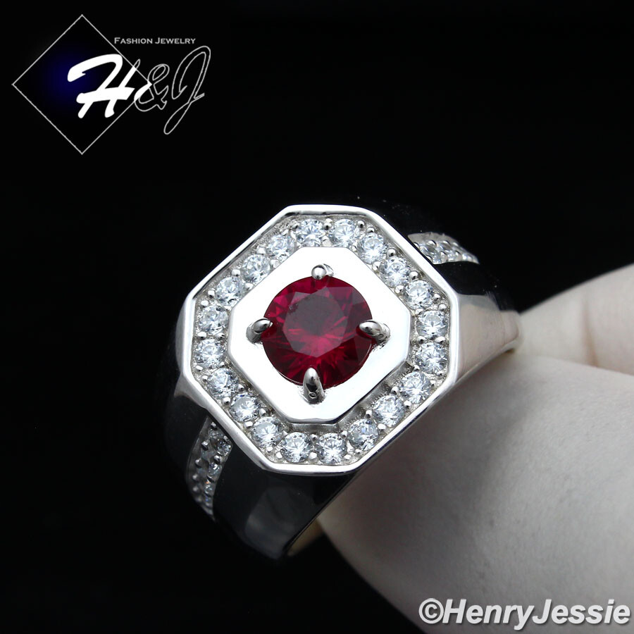 MEN 925 STERLING SILVER ICY BLING CUBIC ZIRCONIA ROUND SIMULATED RUBY RING*SR158