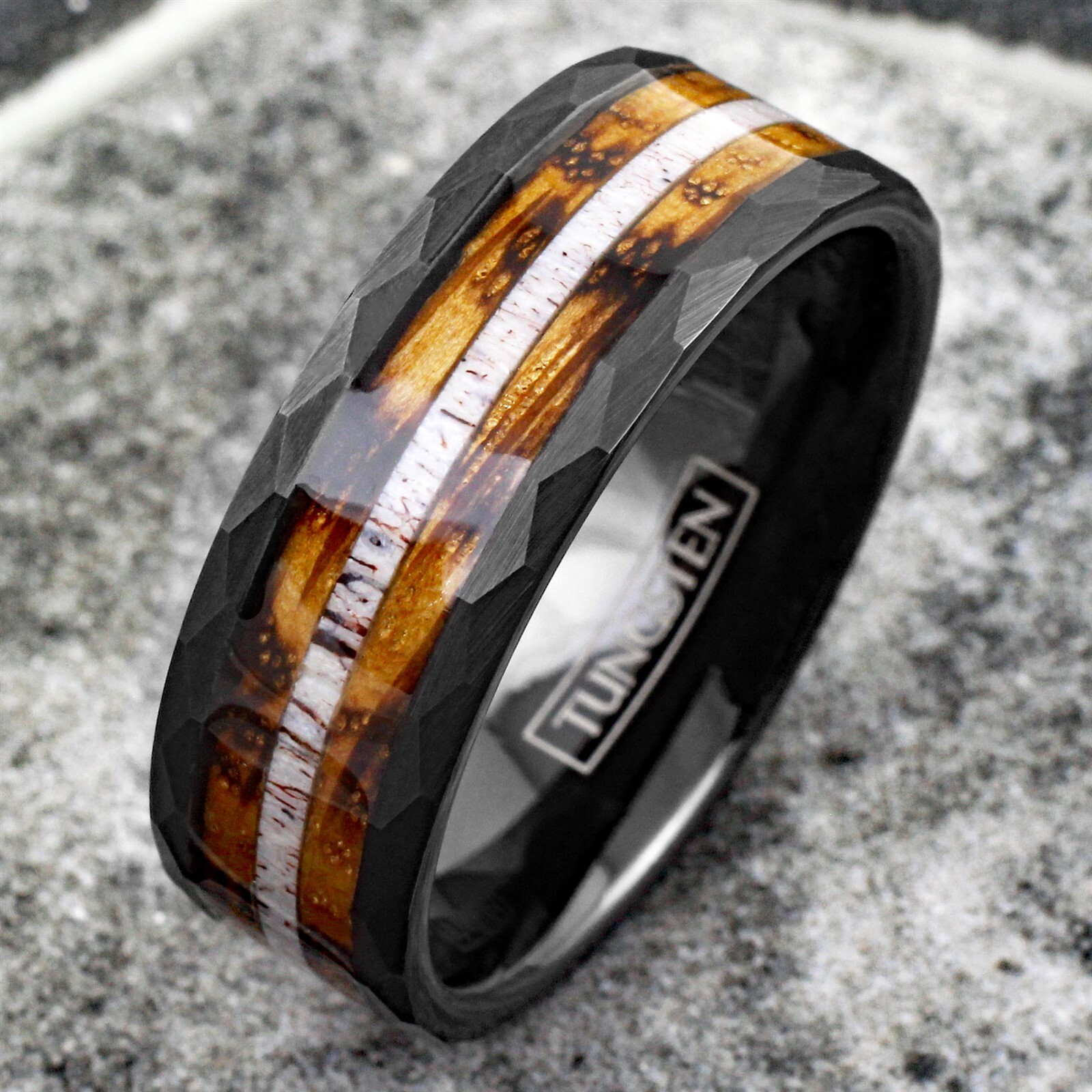 Black Tungsten Carbide Mens Ring Deer Antler Charred Whiskey Barrel Wedding Band