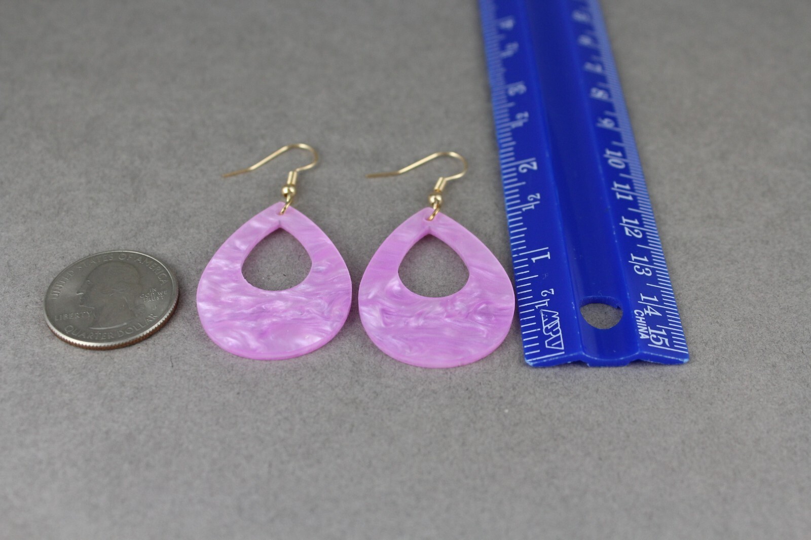 Purple teardrop earrings lightweight dangle cut out oval outline 2.25″ long