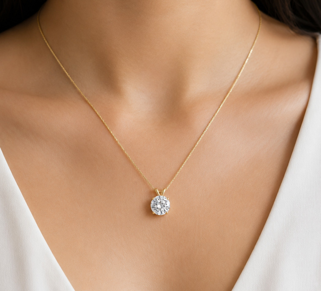 2 CT Round Cut EF-VS1 Lab Grown Diamond Solitaire Pendant Chain 14K Yellow Gold