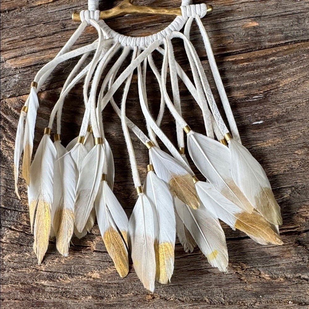 Tory Burch white leather dream catcher copper wishbone gold feather necklace