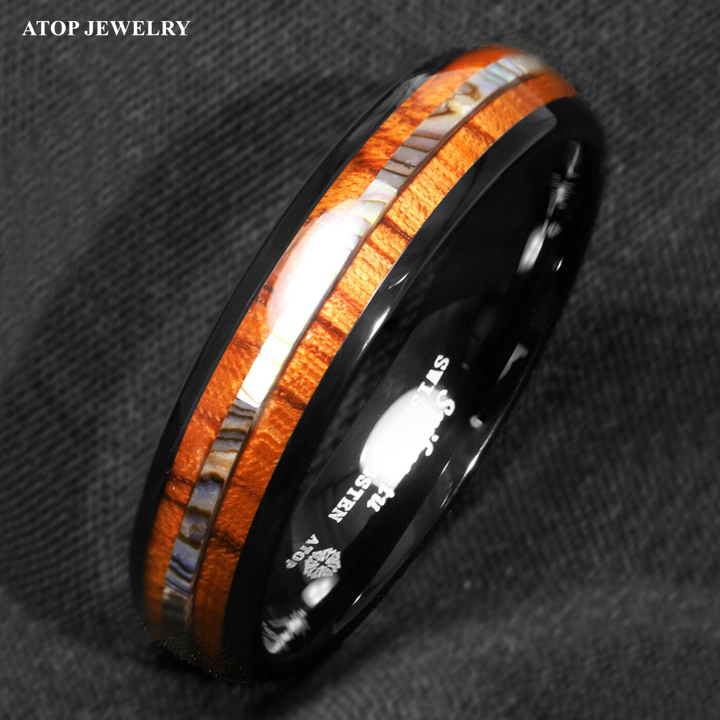 8/6mm Black Tungsten carbide ring Koa Wood ATOP Wedding Band Men Jewelry