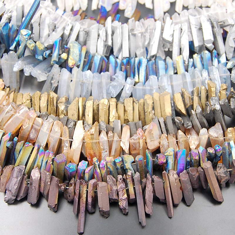Titanium Coated Natural Quartz Crystal Druzy Freeform Stick Pointed Beads 8″