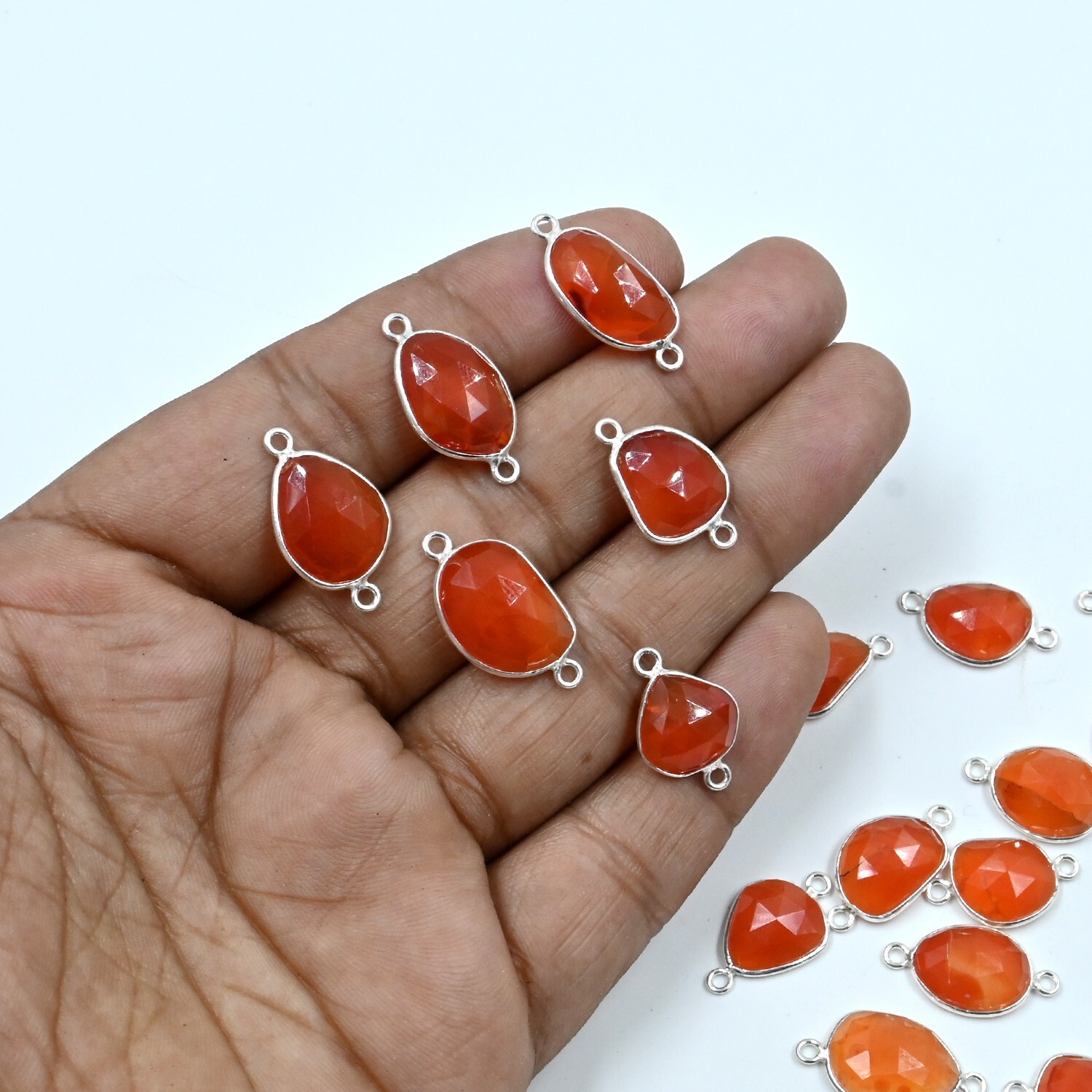 Carnelian Rose Cut Gemstone Connectors, 925 Sterling Silver Bezel 12x15mm 10Pc