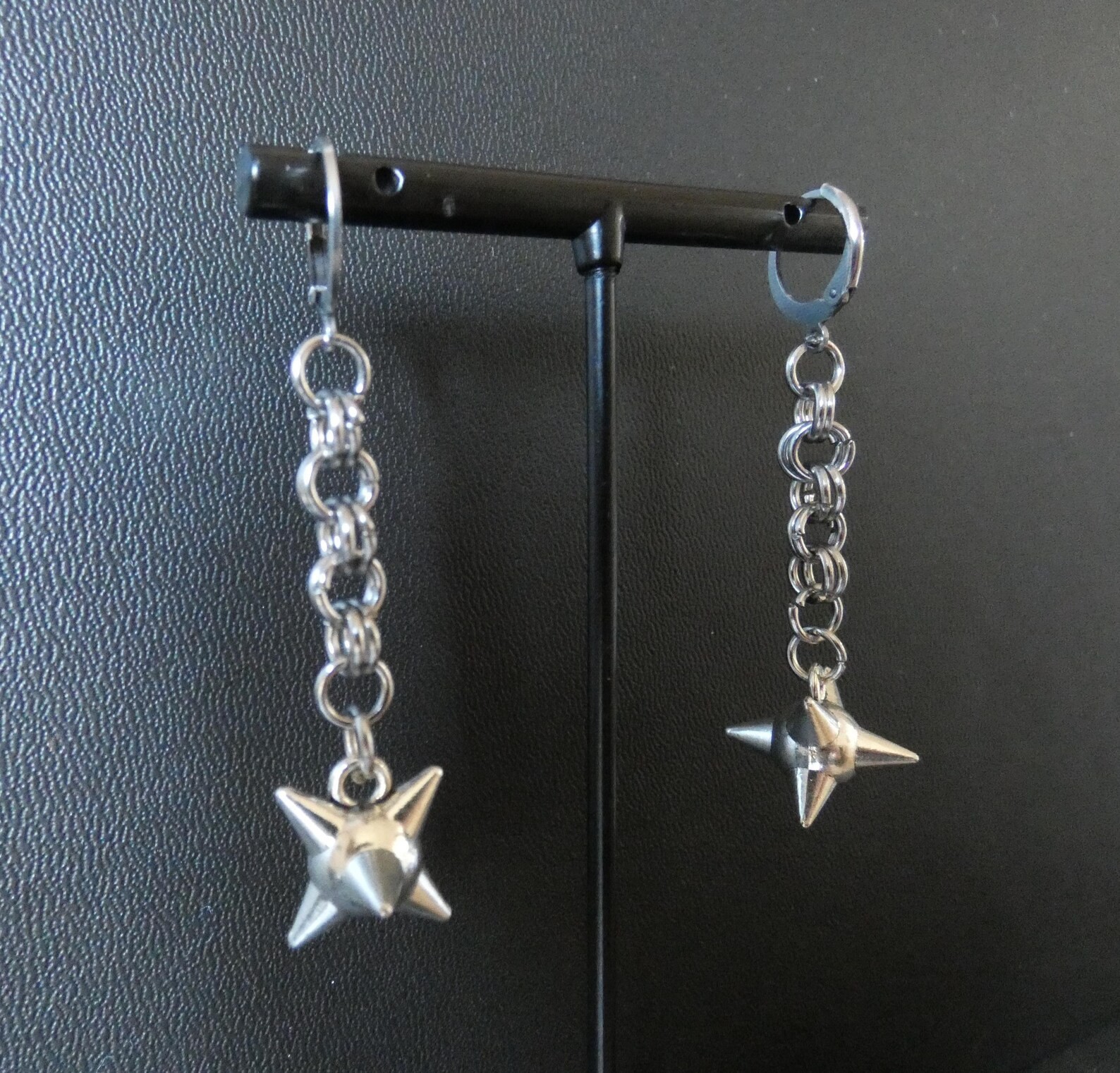 Chainmail and Spiked Ball Lever Back Dangle Drop Earrings Women Lobes Goth