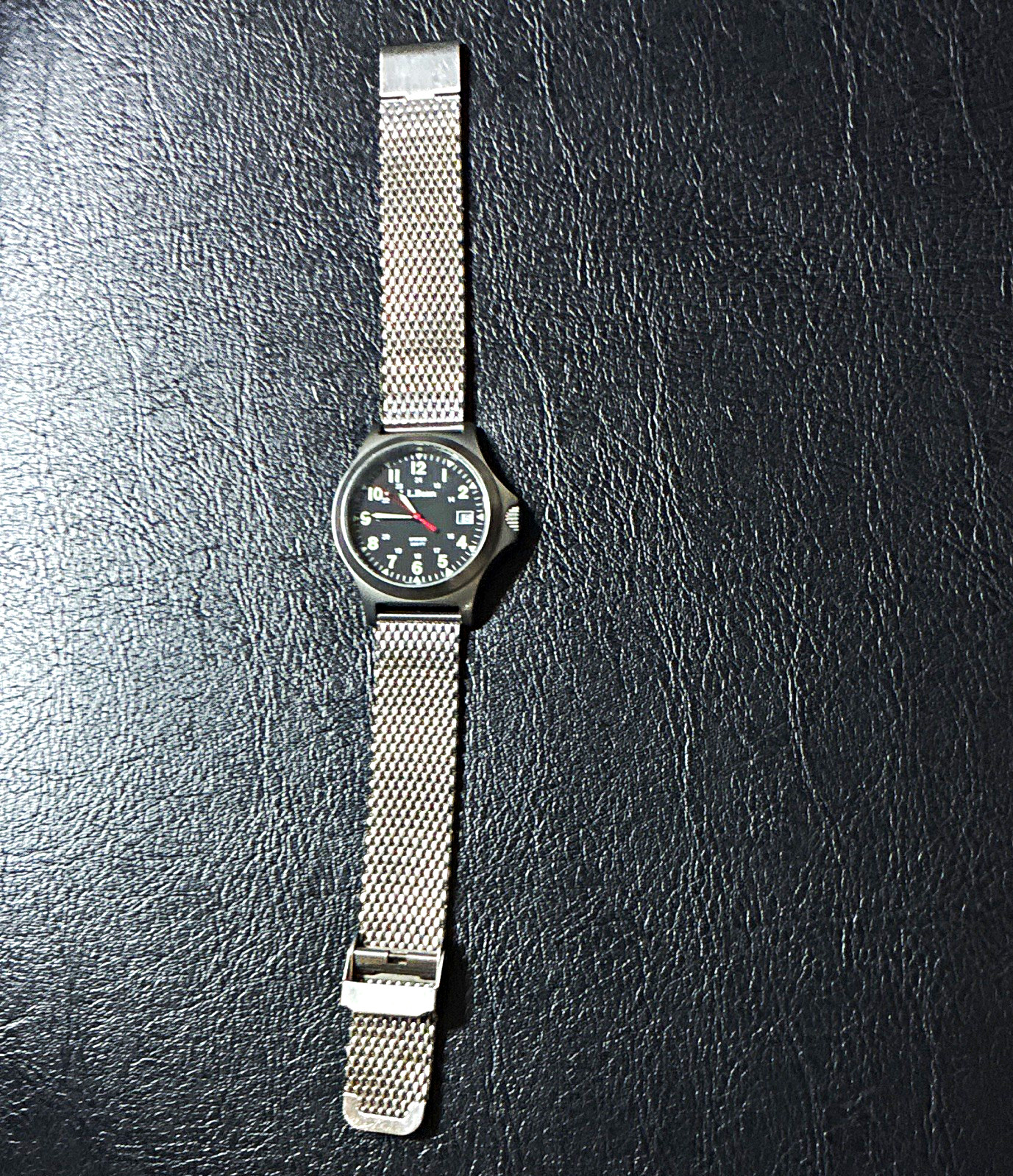 L.L.Bean Swiss Quartz 300 ft Black Dial Date Wristwatch w/ Silver Mesh Band
