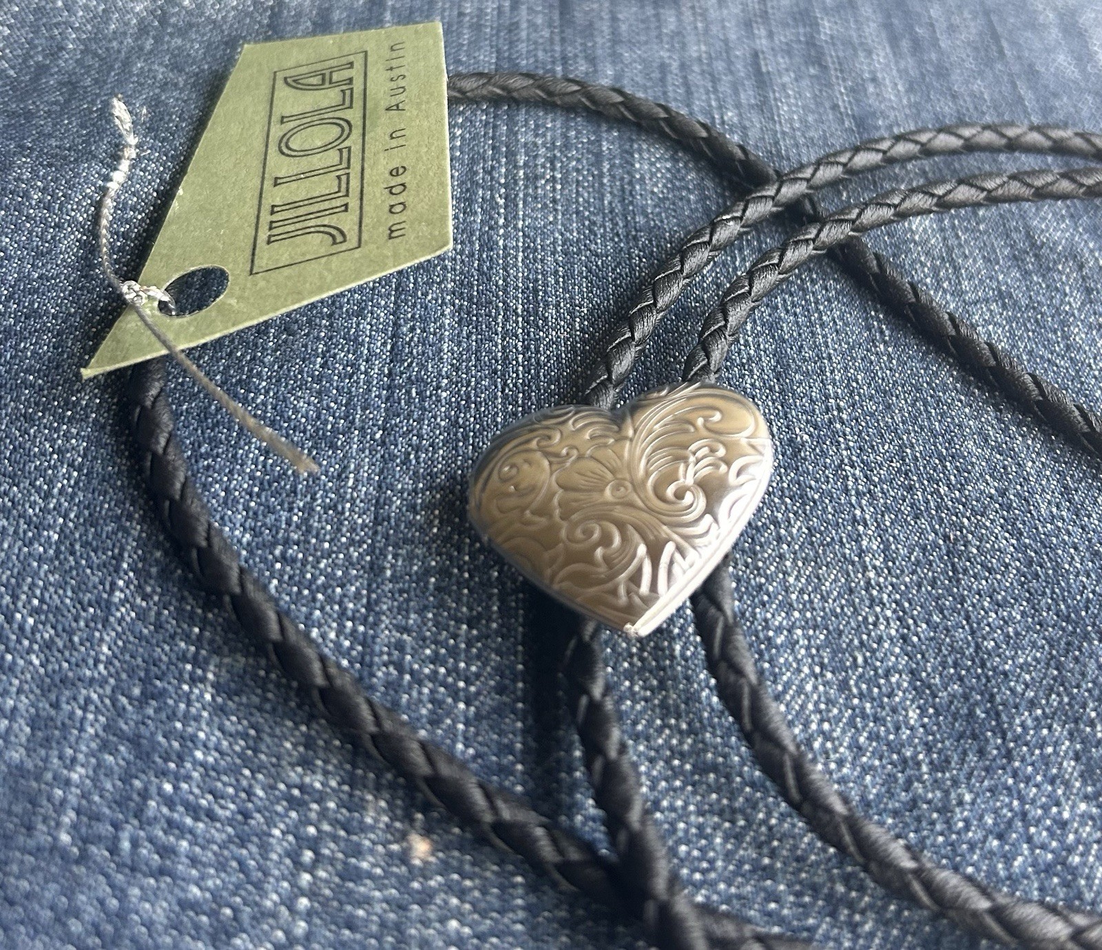 Silver Heart Locket Bolo Tie Black Leather Cord Handmade FREE SHIPPING