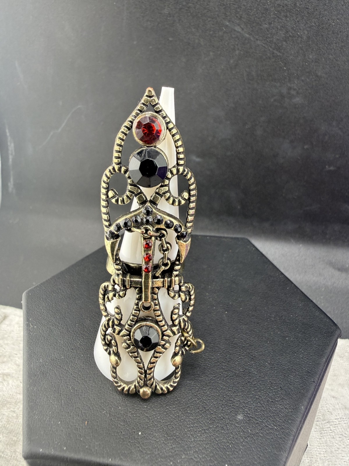 Steampunk Costume Ring Cosplay Red Black Rhinestone Adjustable Goth Gold Tone 7″