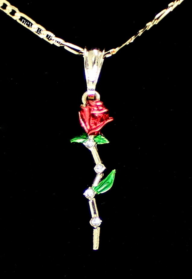 Rose Flower Cubic Zirconia Pendant 20″ Figaro Necklace 14k Gold Plated Jewelry