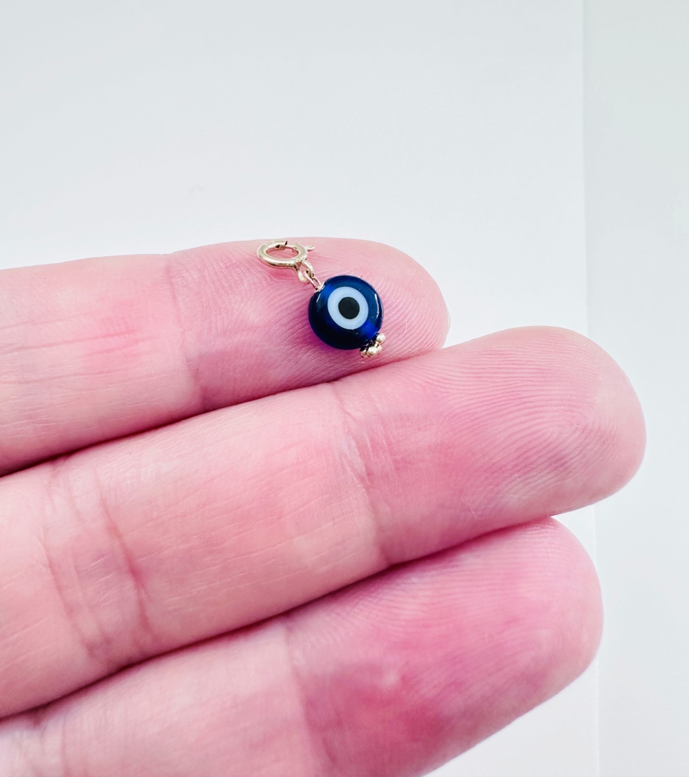 14K Solid Yellow Gold Millefiori Glass Blue Evil Eye Charm Pendant Spring Clasp