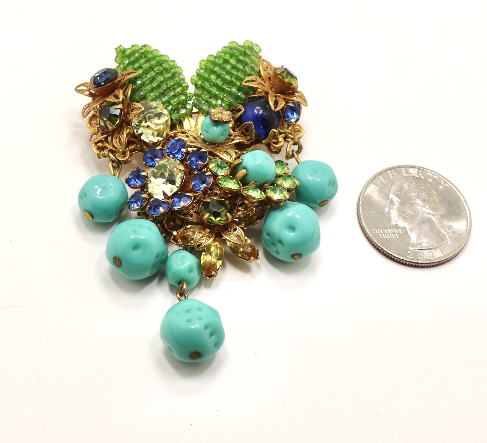VINTAGE AMOURELLE FRANK HESS FLORAL BEADED DANGLING BROOCH