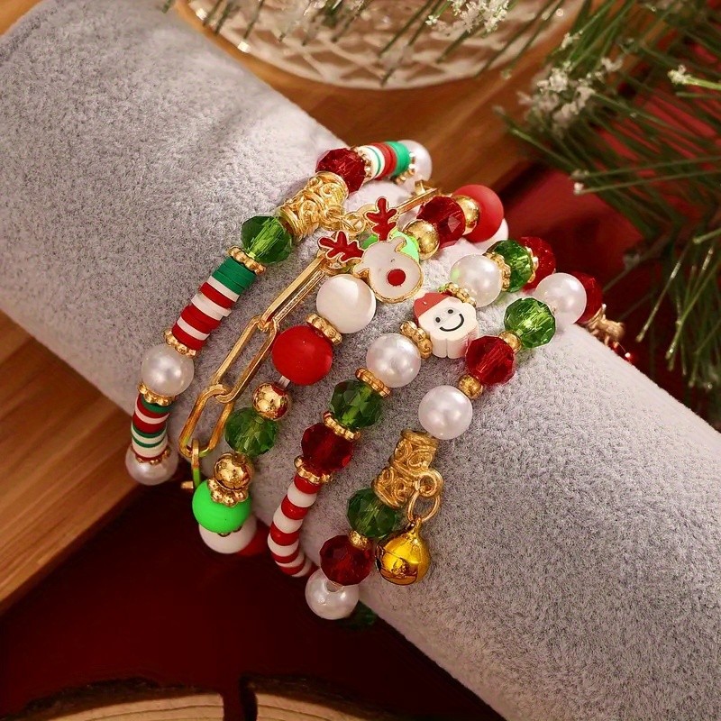 4 Sets Stackable Stretch Christmas Beaded Bracelets Holiday Party Gifts
