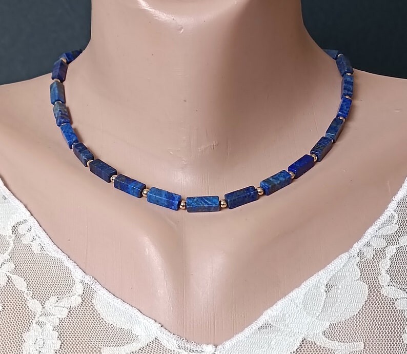 Natural Blue Lapis Lazuli Rectangle Shape Gemstone Bead 18″ Handmade Necklace
