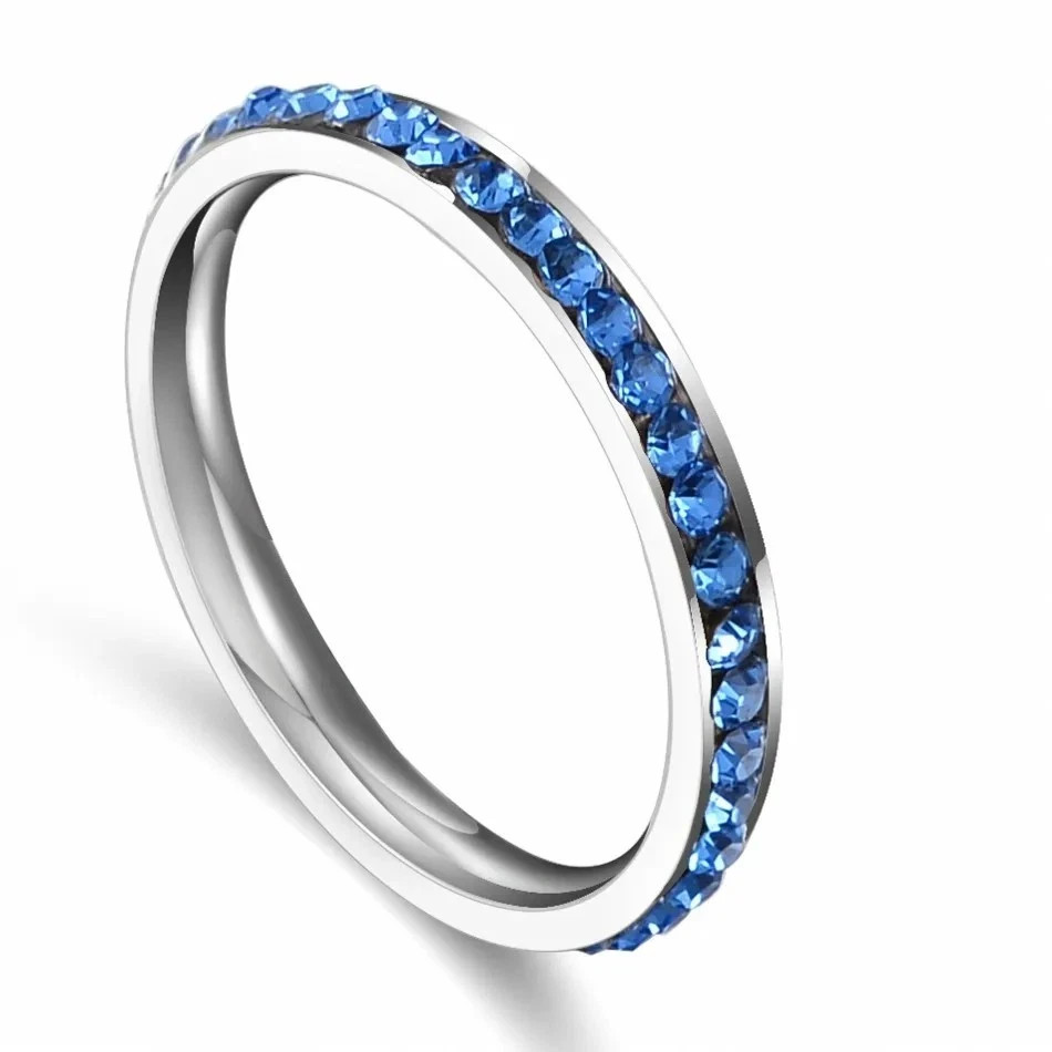 Stainless Steel Eternity Color Crystal Stackable Fashion Ring 3MM (ALL COLORS)