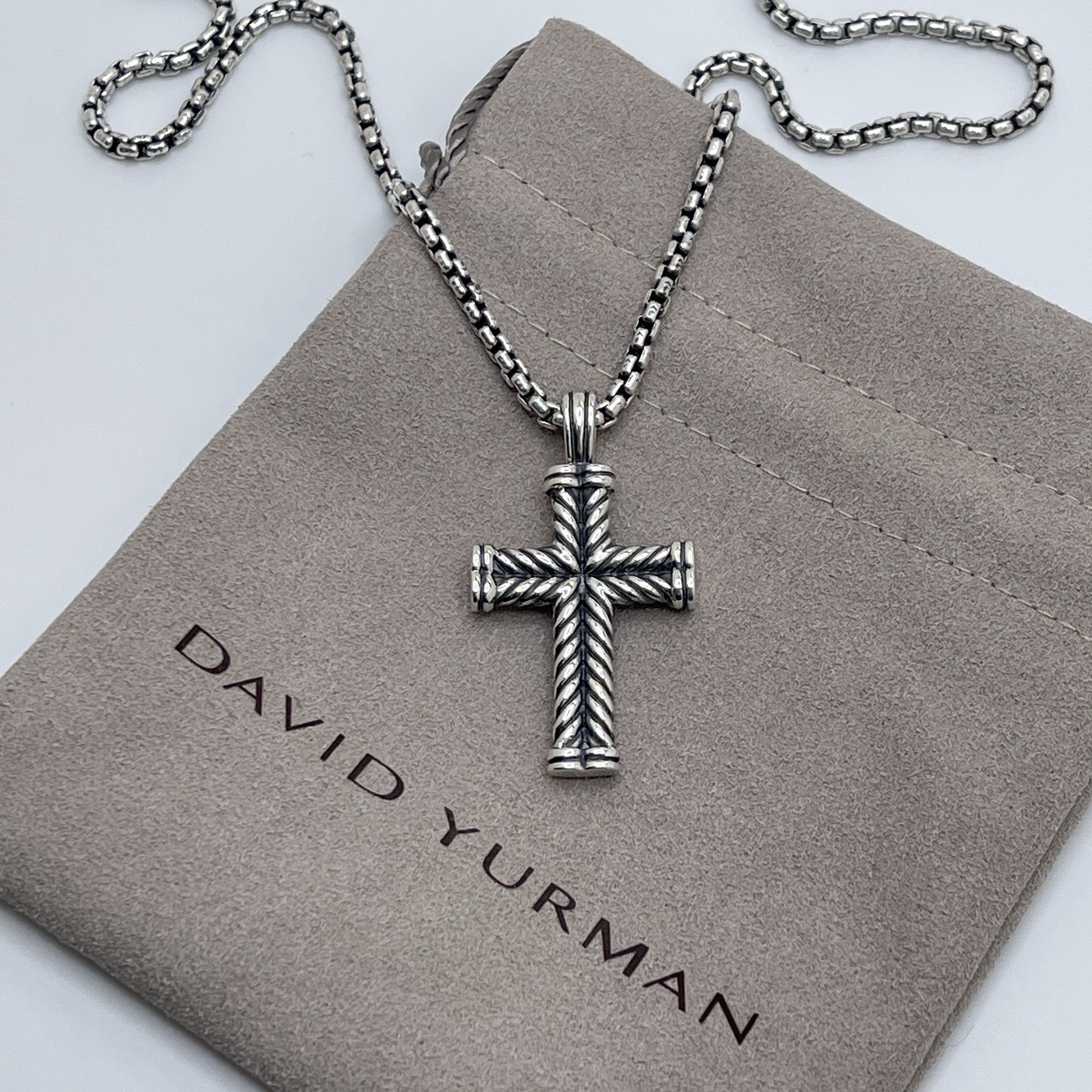 David Yurman Sterling Silver Chevron Cross Pendant & Chain 20”
