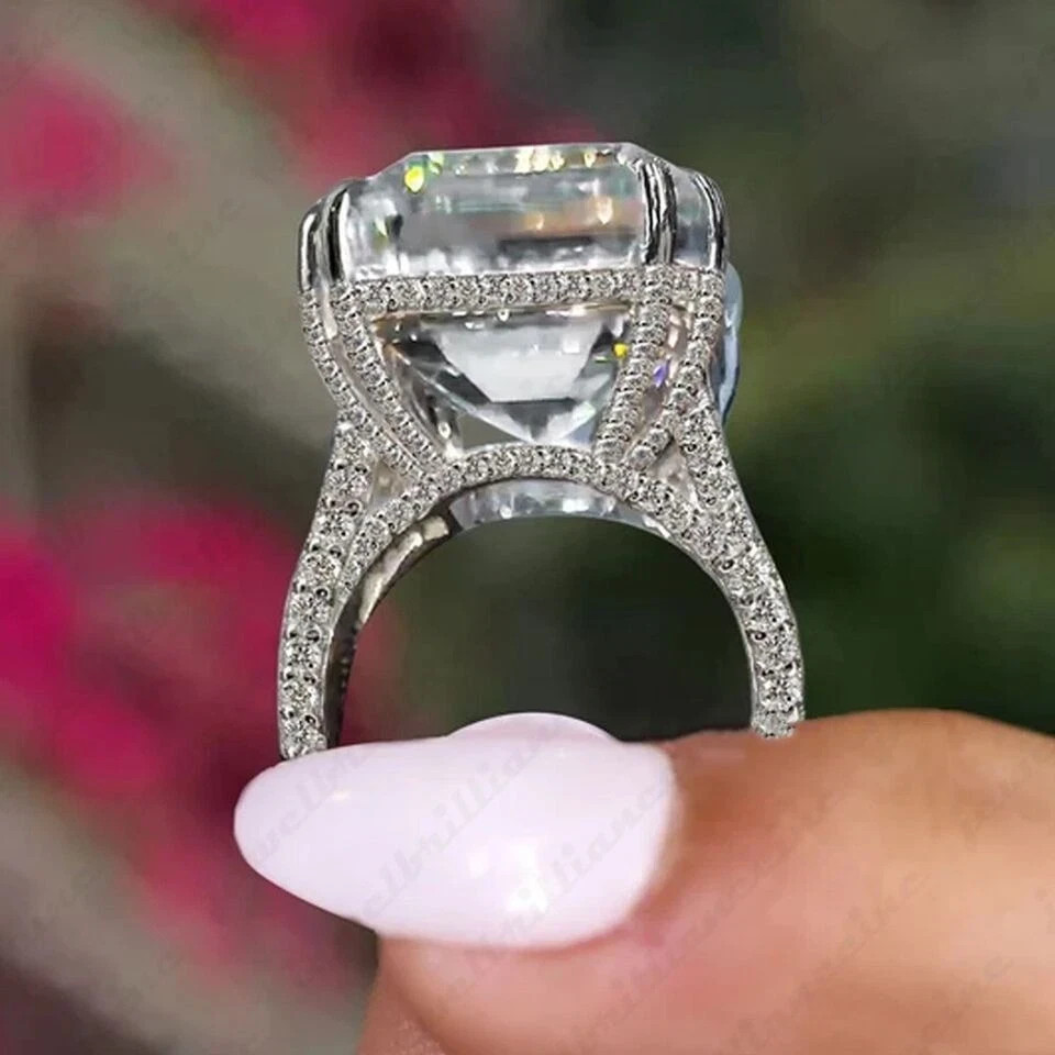 Asscher Cut Moissanite Hidden Halo Engagement Ring 14K White Gold Plated 8.65CTW