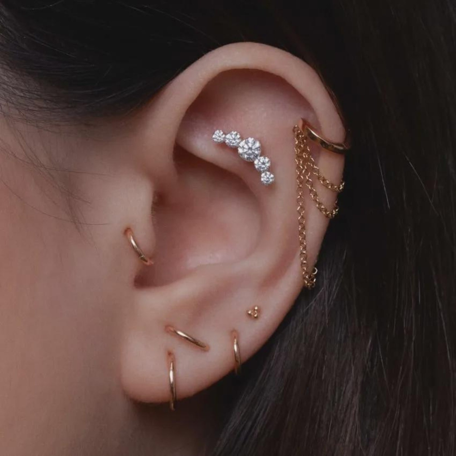 925 Sterling Silver Five Moissanite Curve Stud Helix Cartilage Earring