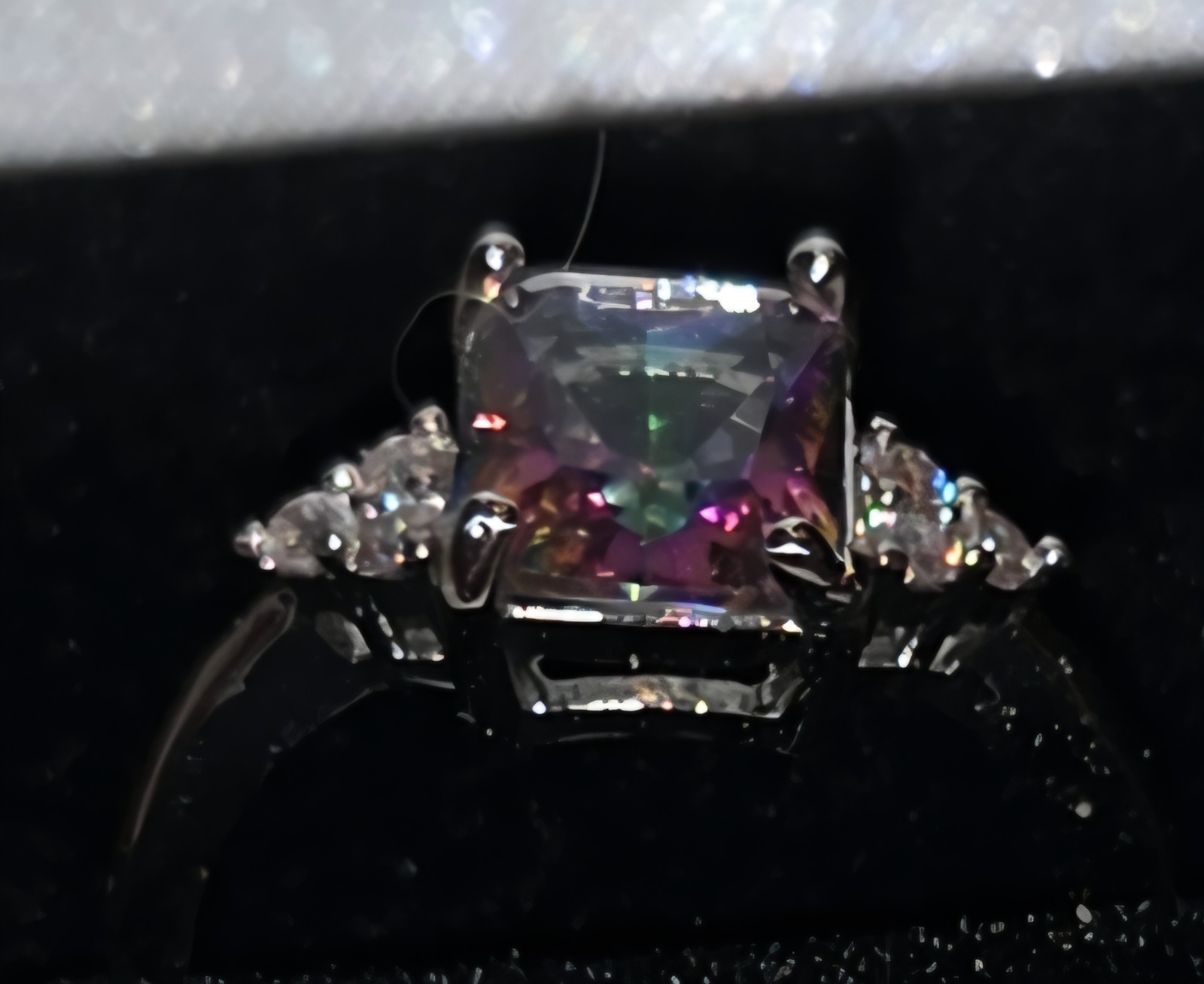 Sterling 925 Emerald Cut Multi Mystic Topaz Size 7 Ring w/6 Clear Accent Stones