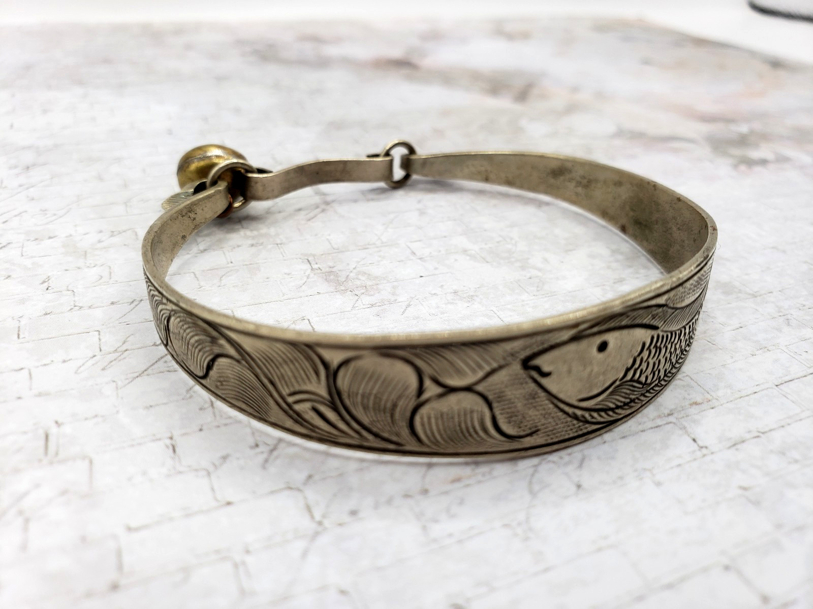 Engraved Fish & Waves Design Cuff Silver Tone Bracelet