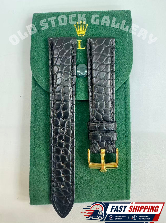 ROLEX Black Leather Crocodile Band 19mm With Rolex Buckle Gold Plated NOS FastSh