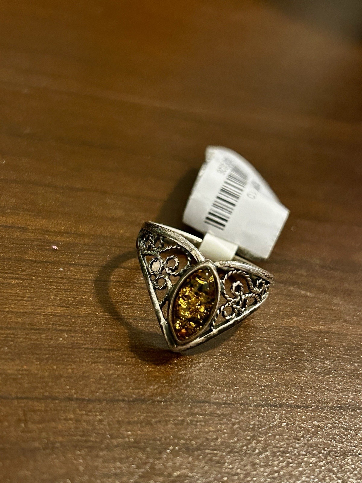 Avon Amber-Tone Marquise Stone Filigree Statement Ring Silver Tone NWT