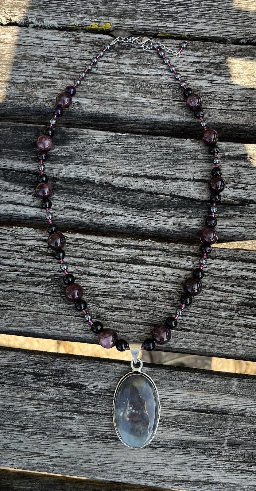 Agate 925 Pendant Necklace with Genuine Garnet, Black Accents & Hematite 18.5″