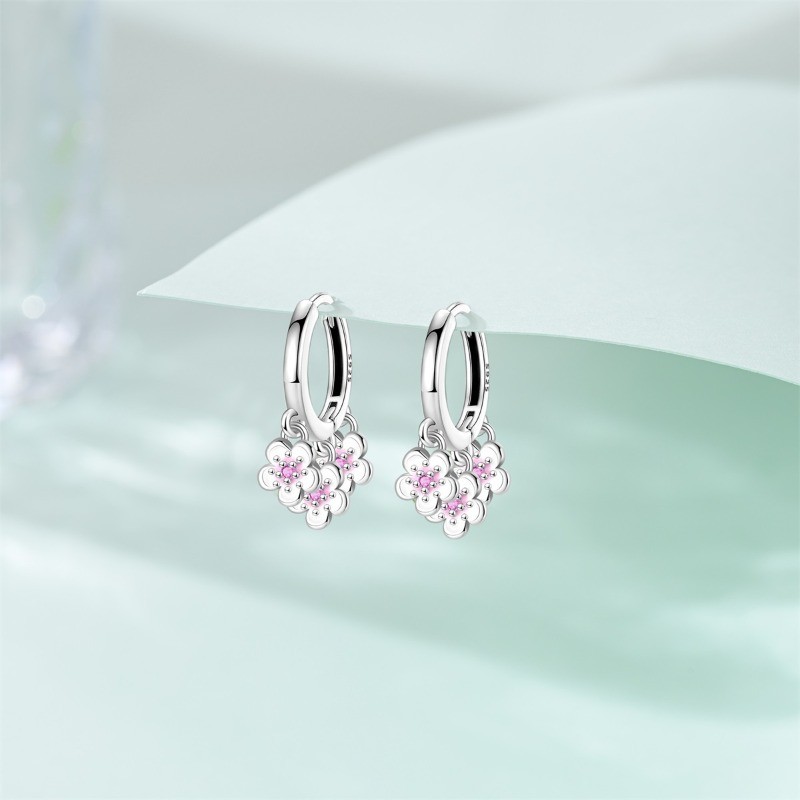 PANDACH 925 Sterling Silver Pink Cherry Blossom Dangle Earrings For Women Hoops
