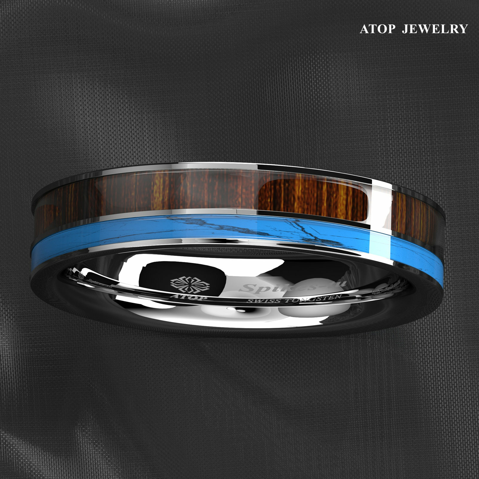 8mm Tungsten Men’s Ring Silver Turquoise & Koa Wood Wedding Band ATOP Jewelry