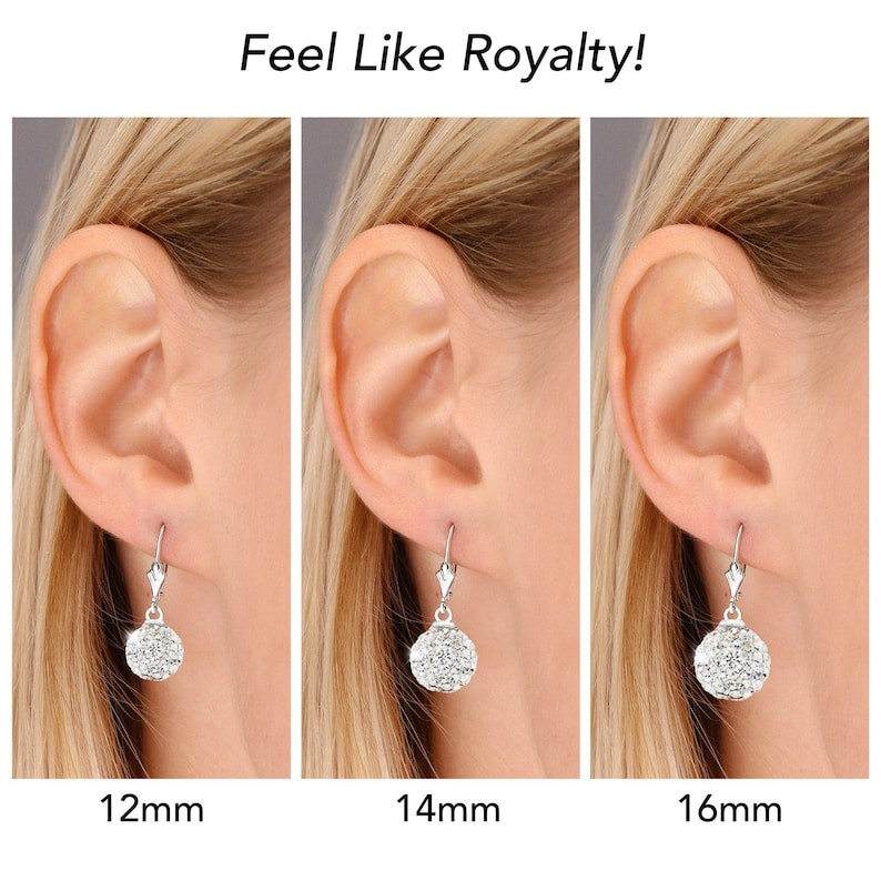 925 Solid Sterling Silver Sparkle Crystal Ball Dangle Hoops Earrings All Size