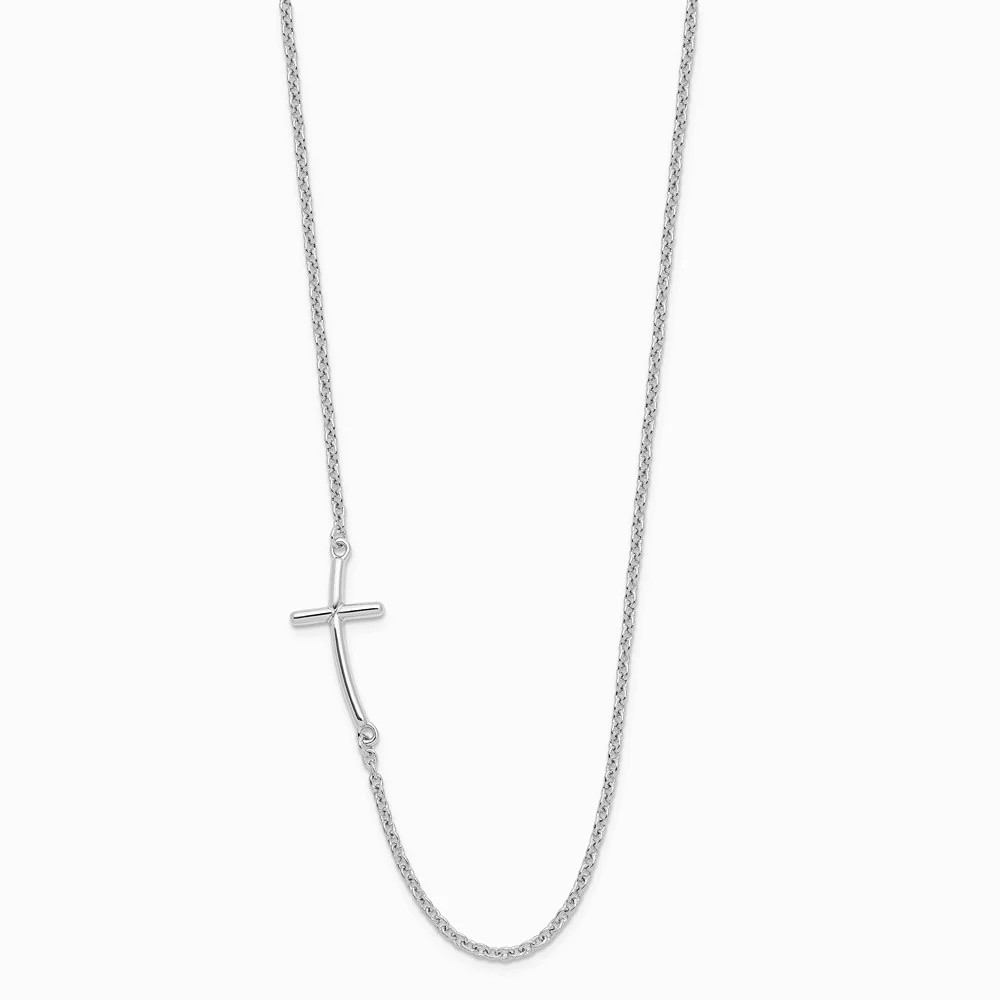 Sterling Silver Rh-Plated Large Off-Set Sideways Curved Cross Necklace