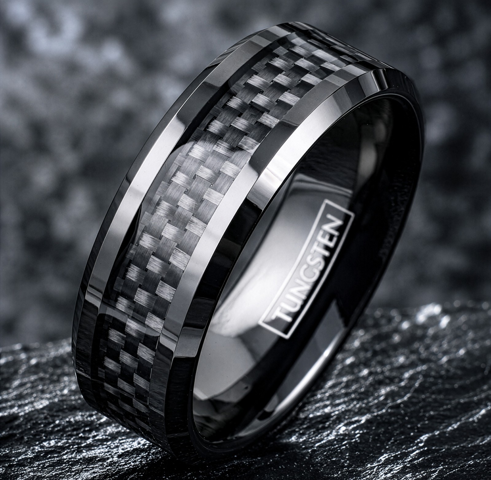 8mm Tungsten Carbide Ring Black Carbon Fiber Inlay Wedding Band Mens Jewelry