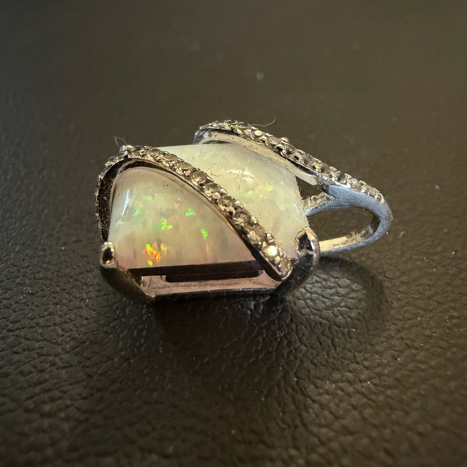 SUN Designer Sterling Silver Lab White Opal and White Topaz Halo Pendant 2g 3/4”