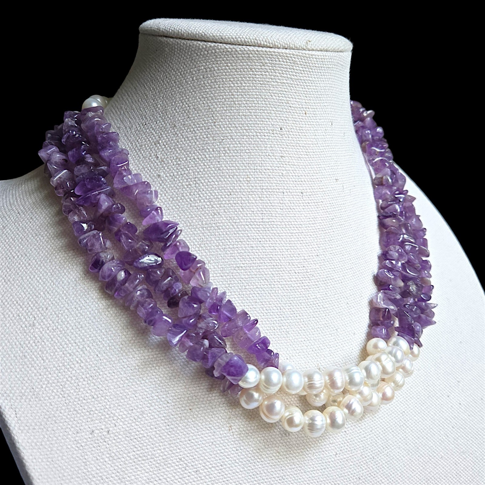 Freshwater Pearl Amethyst Multi Strand Necklace Sterling Toggle Purple White 18″
