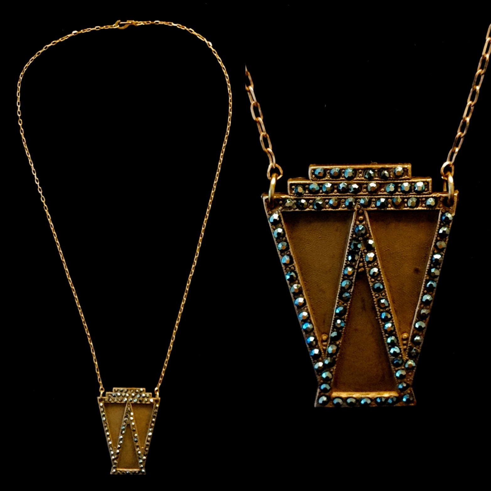 Vintage 1930s Art Deco Rhinestone Die Struck Pendant Necklace Authentic