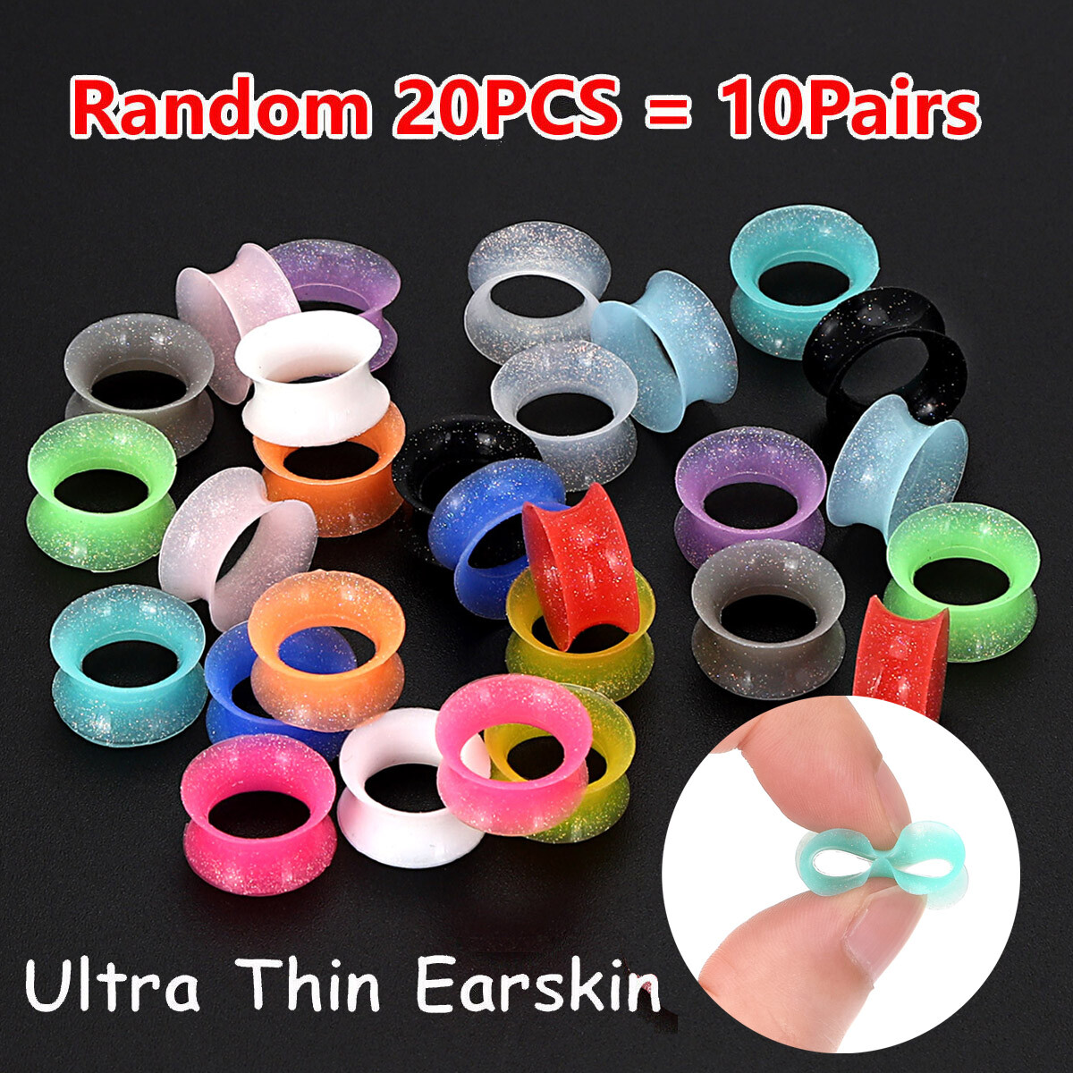 20Pcs Thin Silicone Ear Gauges Plugs Flexible Flesh Tunnels Gold Glitter 2g-3/4″