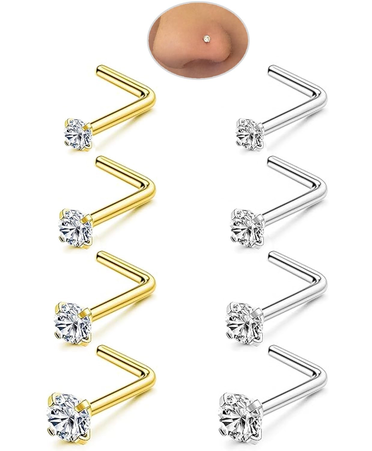 Nose Rings Studs Set for Women Men: 8Pcs 20G/0.8mm, 20G L-Shaped Gold/Silver