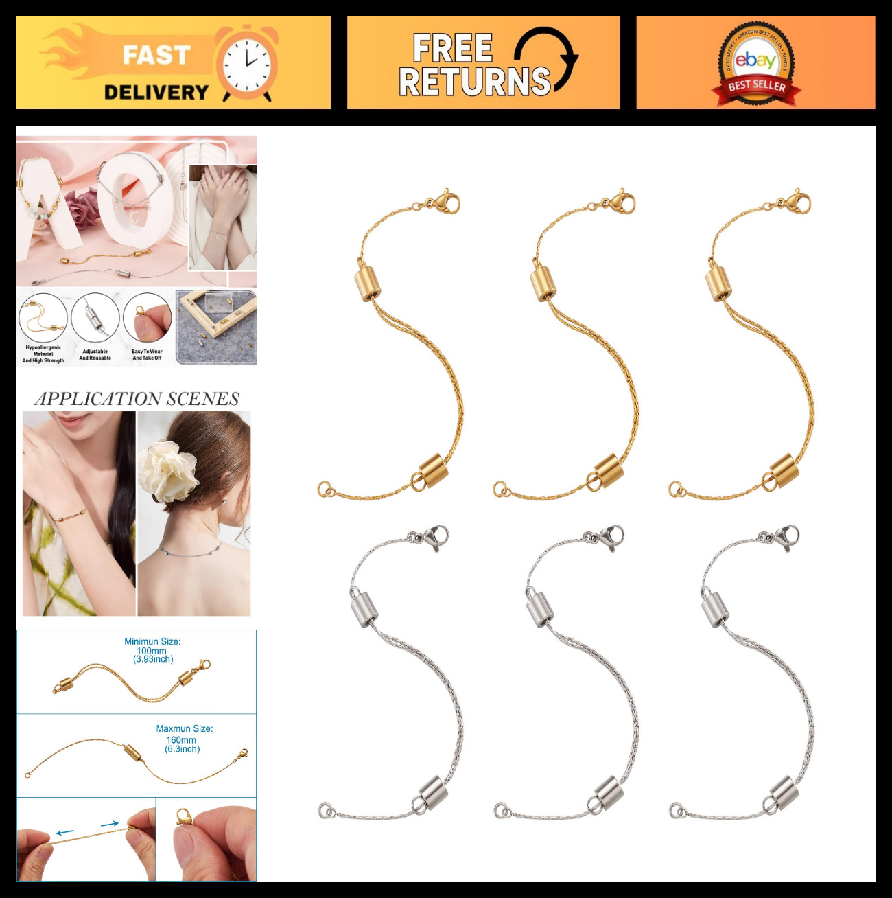 6Pcs Adjustable Stainless Steel Chain Extenders for Necklaces & Bracelets, 3.93-