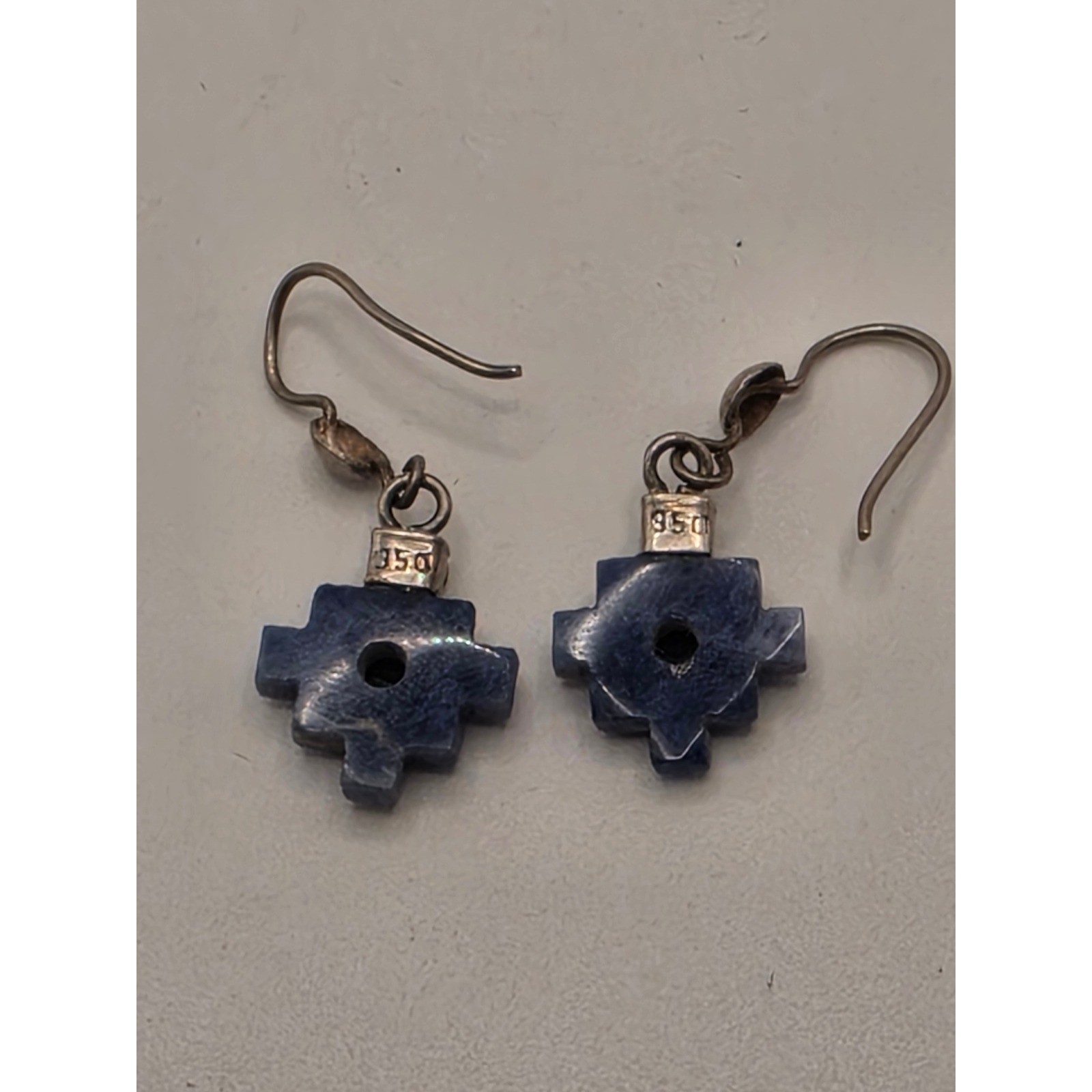 Peruvian 950 Silver Sodalite Chakana Inca Cross Tumi Drop Earrings Blue Stone