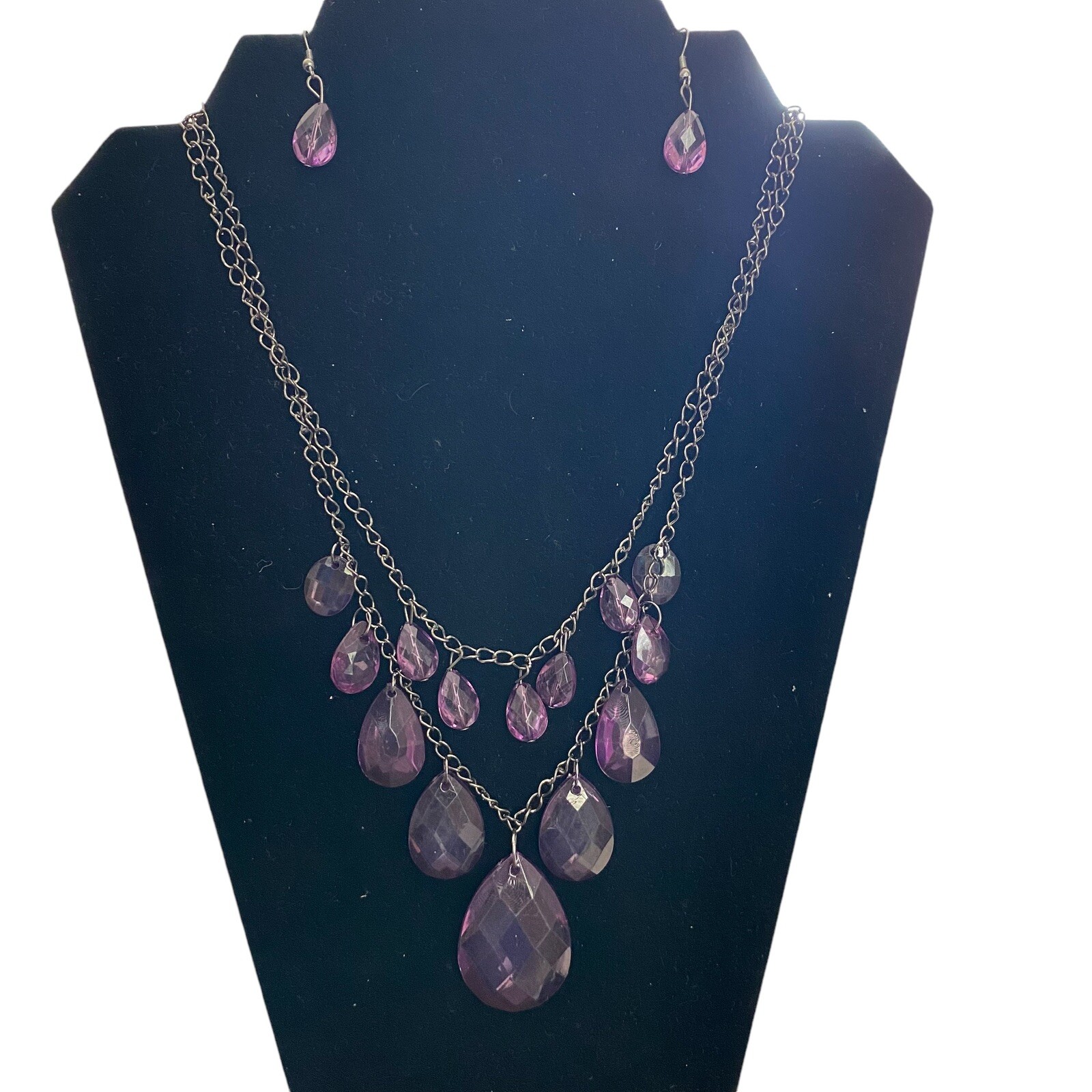 Lucite Acrylic Purple Faceted Beaded Bead Necklace Pierced Earring Set