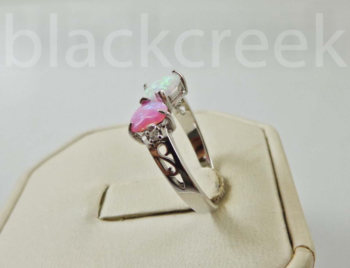 925 Sterling Silver / White / Pink / Two Hearts / Opal~Size 4/5/6/7/8/9/10/11/12