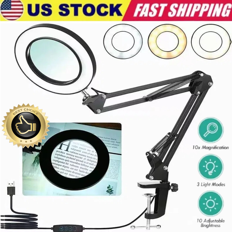 10X Magnifying Glass Desk Light Magnifier LED Lamp Reading Lamp & Base Clamp US