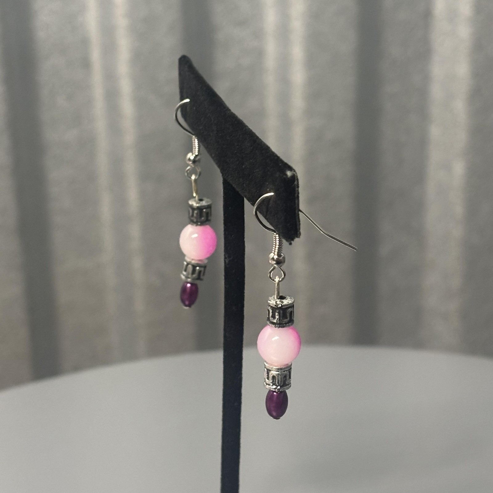 Beaded Dangle Drop Earrings Women Pink Purple Silver Tone Boho Fishhook Pierced